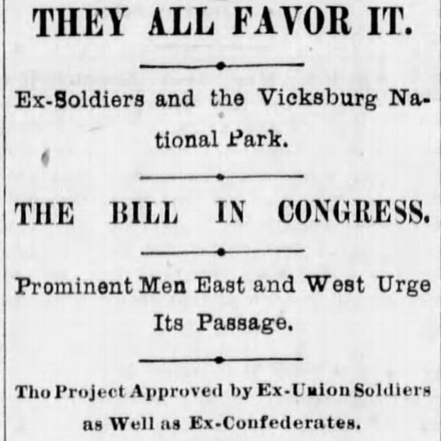 Newspaper article showing describing the bill to create Vicksburg National Military Park