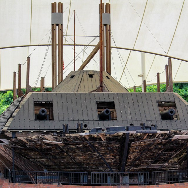 The modern day USS Cairo under a protective tent