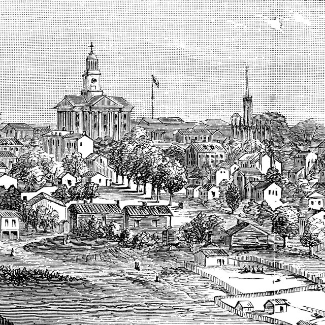 A black and white illustration depicting the city of Vicksburg 
