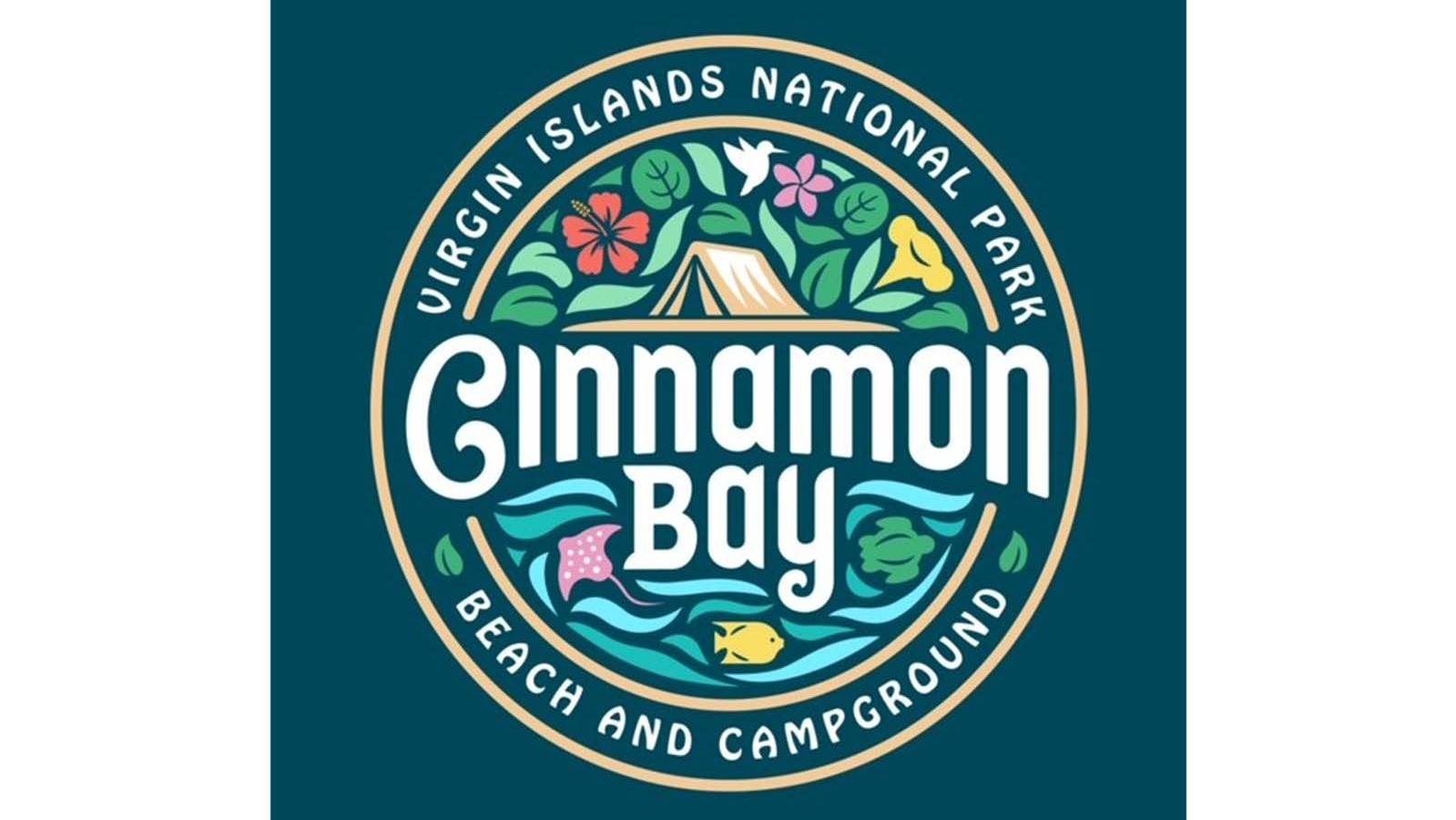 Circular logo with colorful tent and flowers on top and underwater scene below. Cinnamon Bay center