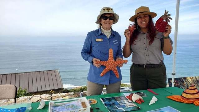 Women in volunteer and park ranger uniforms hold model sea life in front of the ocean.