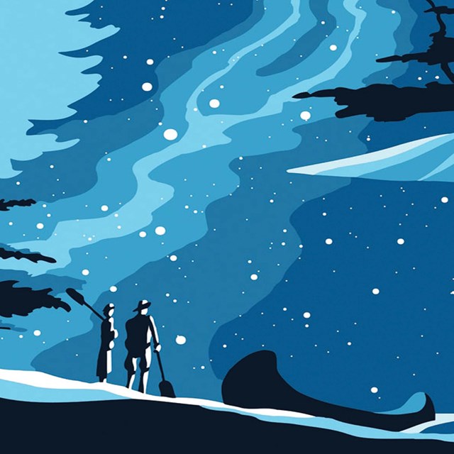An illustration depicts two figures standing beside a large canoe under a starry sky.