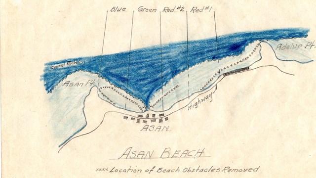 Hand drawn map showing location of obstacles removed from Asan Beach.