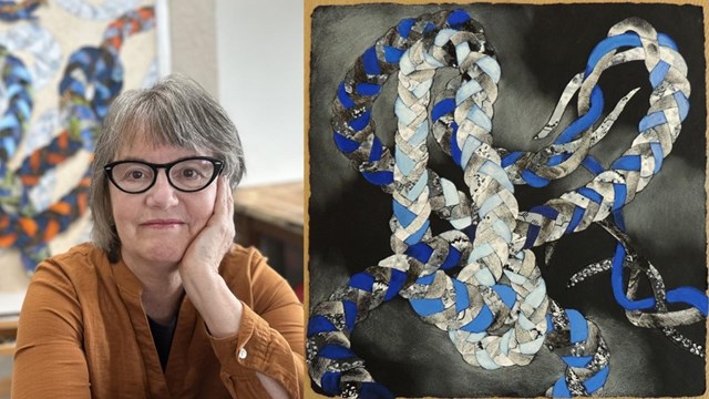 headshot photo of Carla Stetson in her studio on left, image of her artwork on right