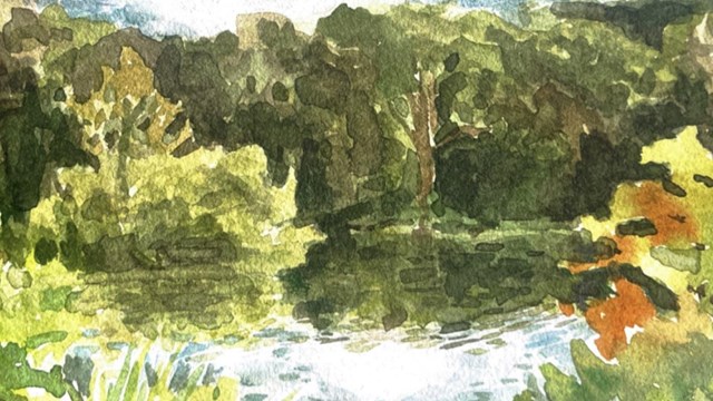 A watercolor painting of a pond with trees and shrubs reflecting in the water 