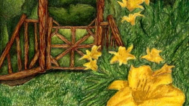 A drawing of a garden with a log gate, with lilies in the foreground 