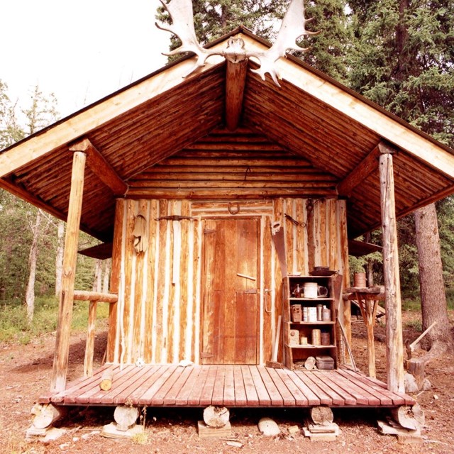 Two cabins next to each other in a clearing surrounded by trees.