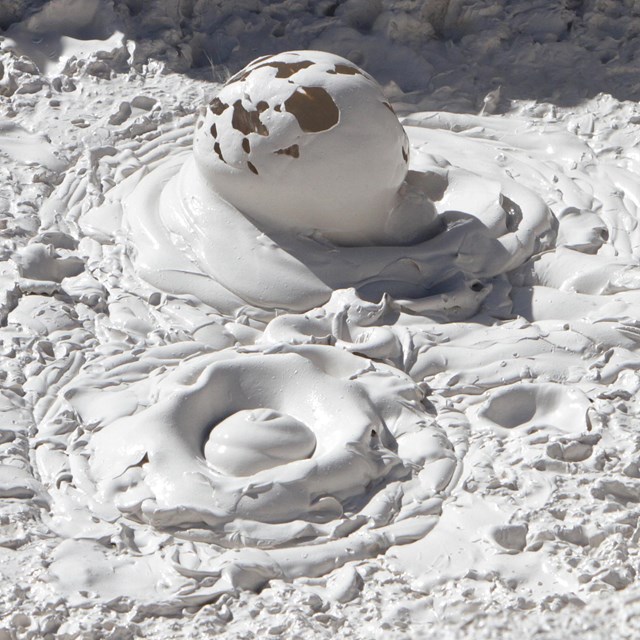 A large bubble emerging from the mud in a large mudpot.