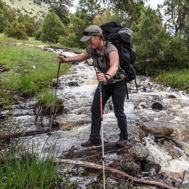 Two backcountry hikers cross a stream with trekking poles.