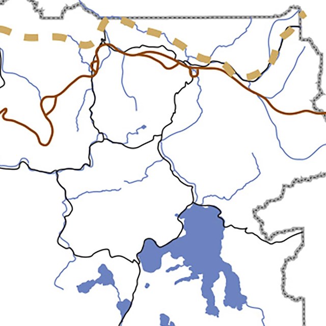 A graphic represents the present day area of Yellowstone including the modern roads and river system