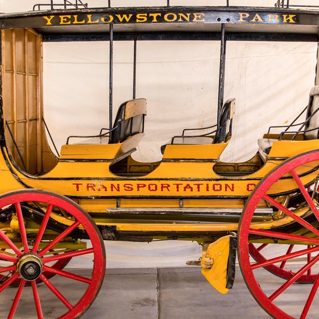 A Yellowstone Park  Transportation Company six-horse carriage with a yellow painted body and red whe