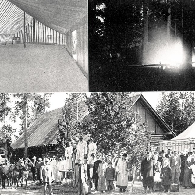 Recreation Pavilion, nightly campfire, and a group of tourists at a Wylie Permanent Camp