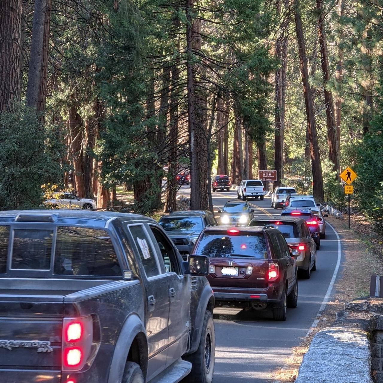 Line of cars heading west to exit Yosemite Valley
