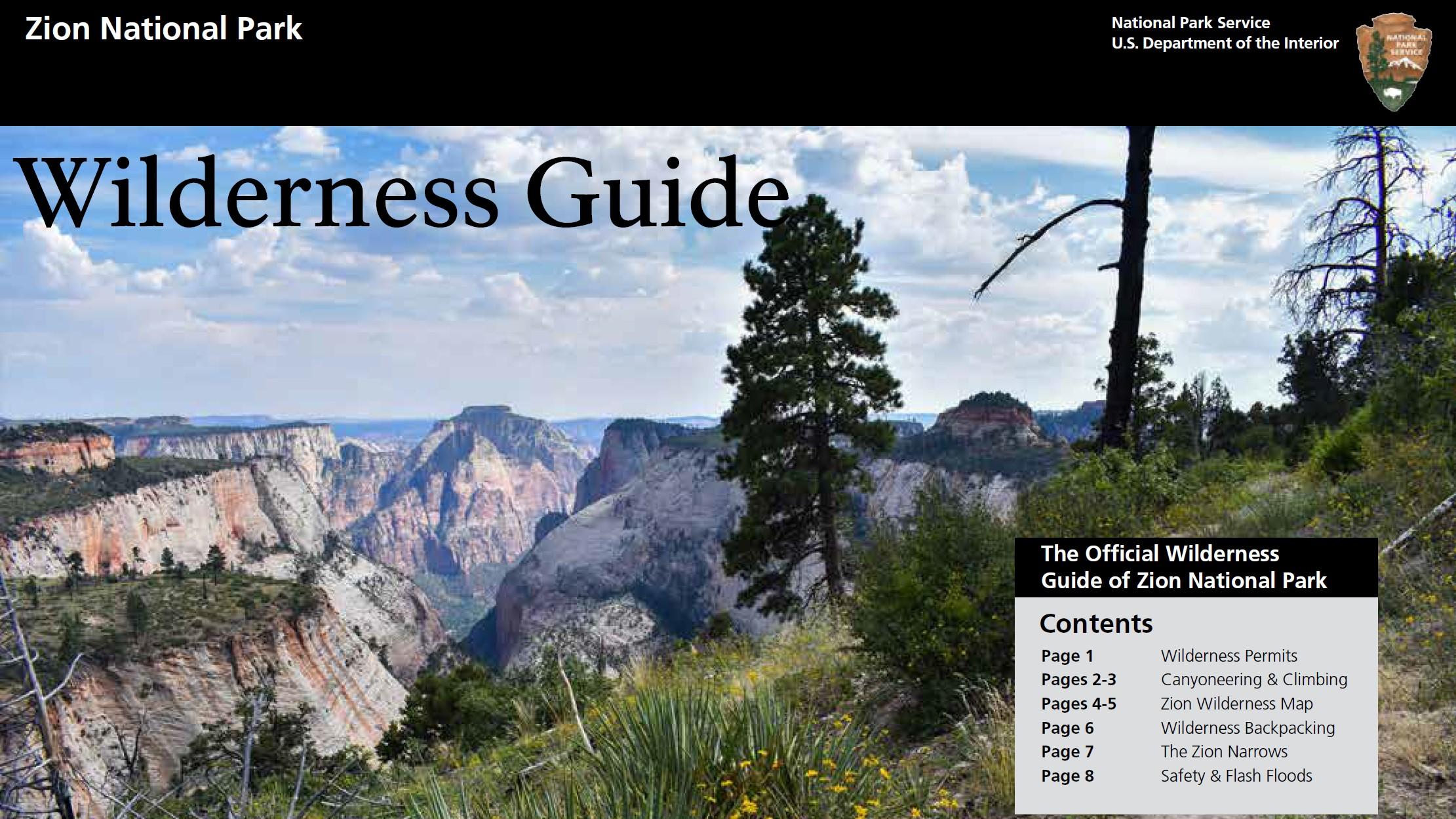 The front cover of a brochure, which reads "Zion National Park Wilderness Guide."