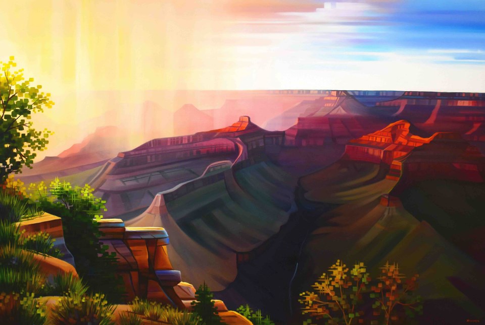 Painting of canyon cliffs and trees with sun