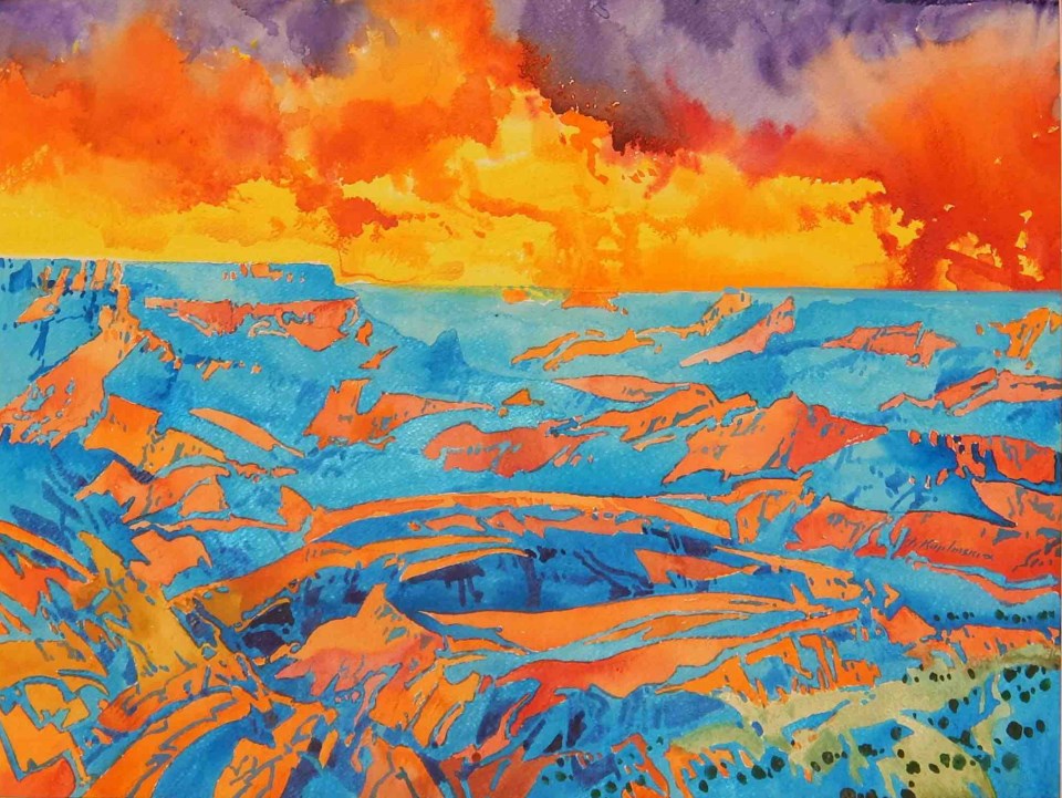 Painting of canyon landscape with many vibrant colors