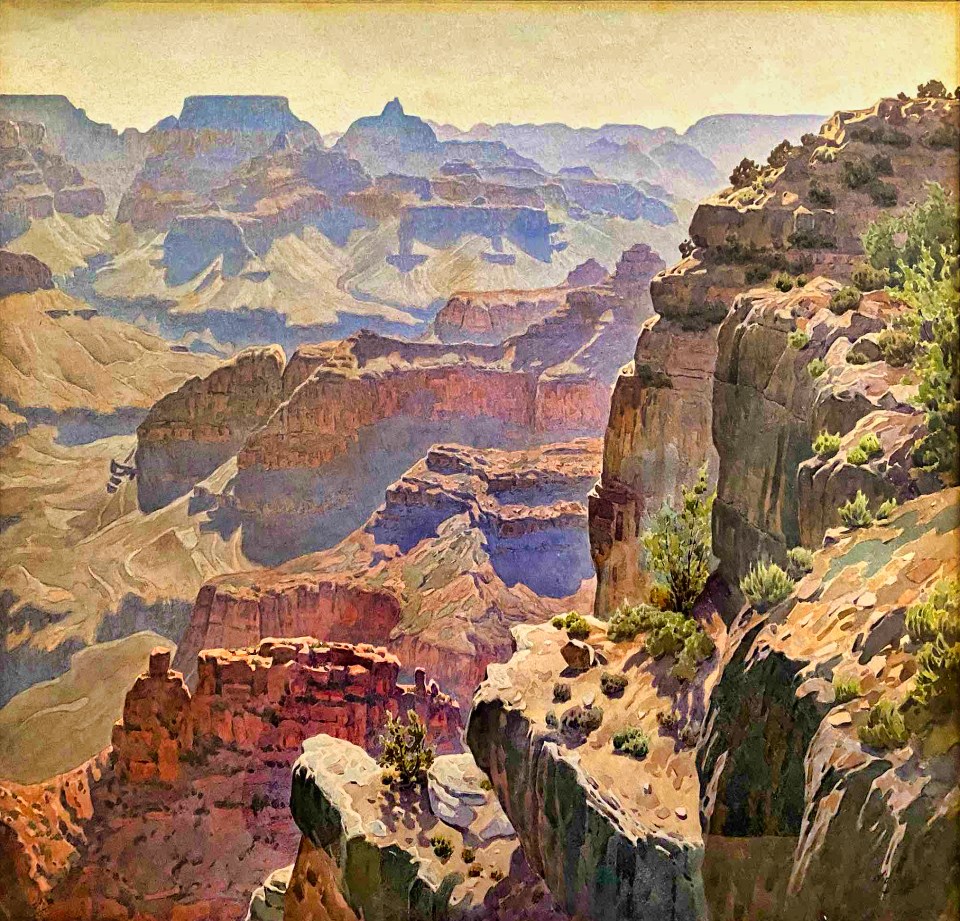 Painting of cliffs and bushes atop canyon walls