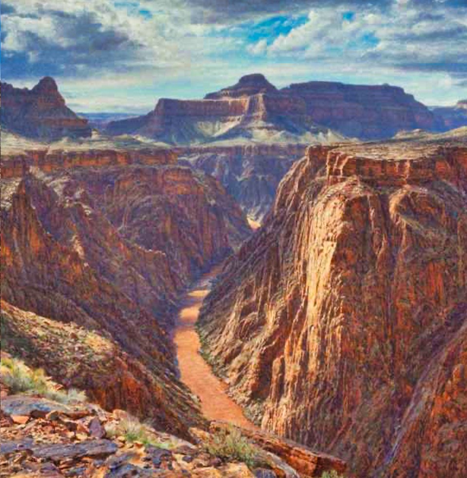 Painting of desert river canyon with river and distant mountains