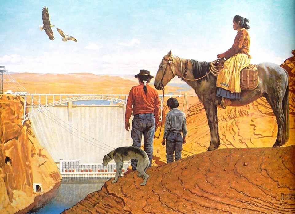 Painting of woman on horseback, a man and boy with dog in front of dam and river