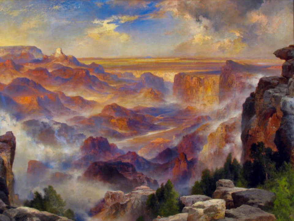 Painting of canyon landscape with cliffs and clouds