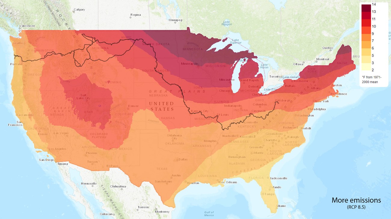 Map of the US showing temperature increases of 2-7 degrees F with less emissions (RCP 4.5)