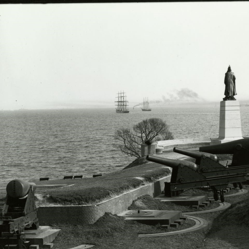 Before the creation of the Francis Scott Key Bridge, seen here are boats in the Patapsco River as George Armistead’s statue and the Rodman Cannons look out on the water.