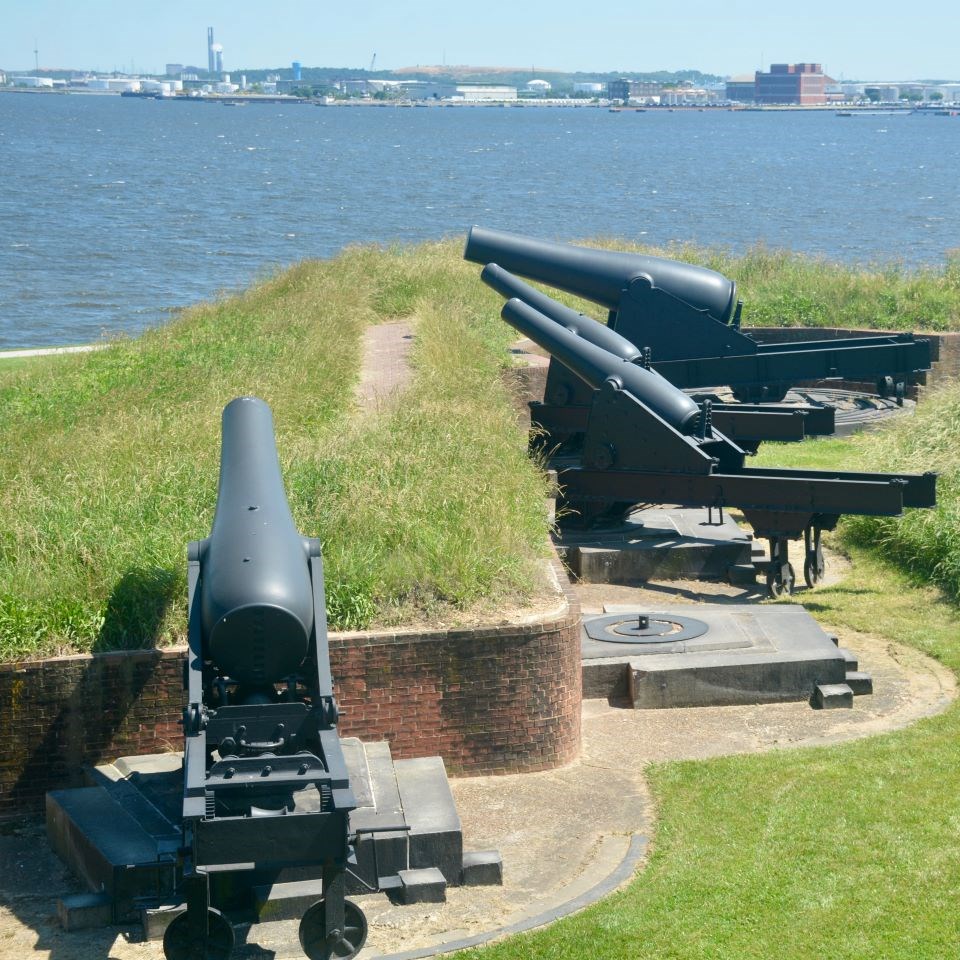 Before the creation of the Francis Scott Key Bridge, seen here are boats in the Patapsco River as George Armistead’s statue and the Rodman Cannons look out on the water.