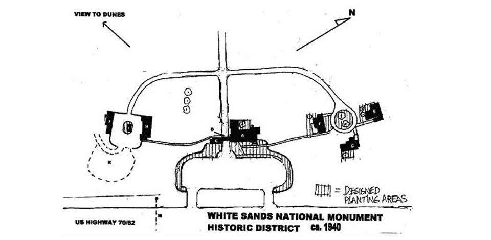 Site plan drawing shows features and arrangement of the cultural landscape in 1940.