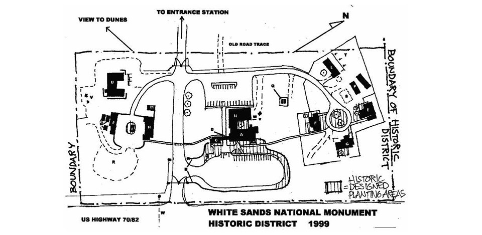 Site plan drawing shows features and arrangement of the cultural landscape in 1940.