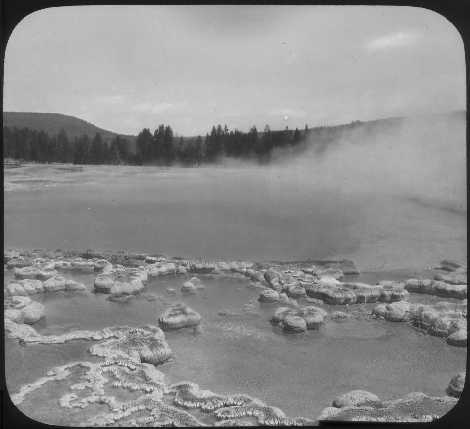 Black and white photo of steam rising from a thermal pool with trees in the distance.