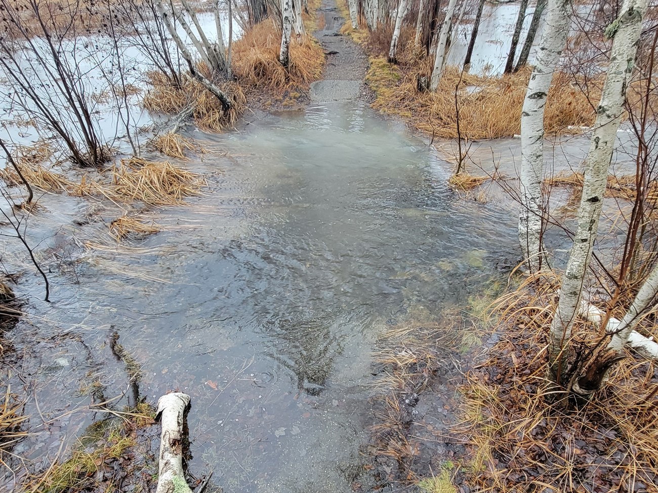 water spills over a gravel trail making it impassable