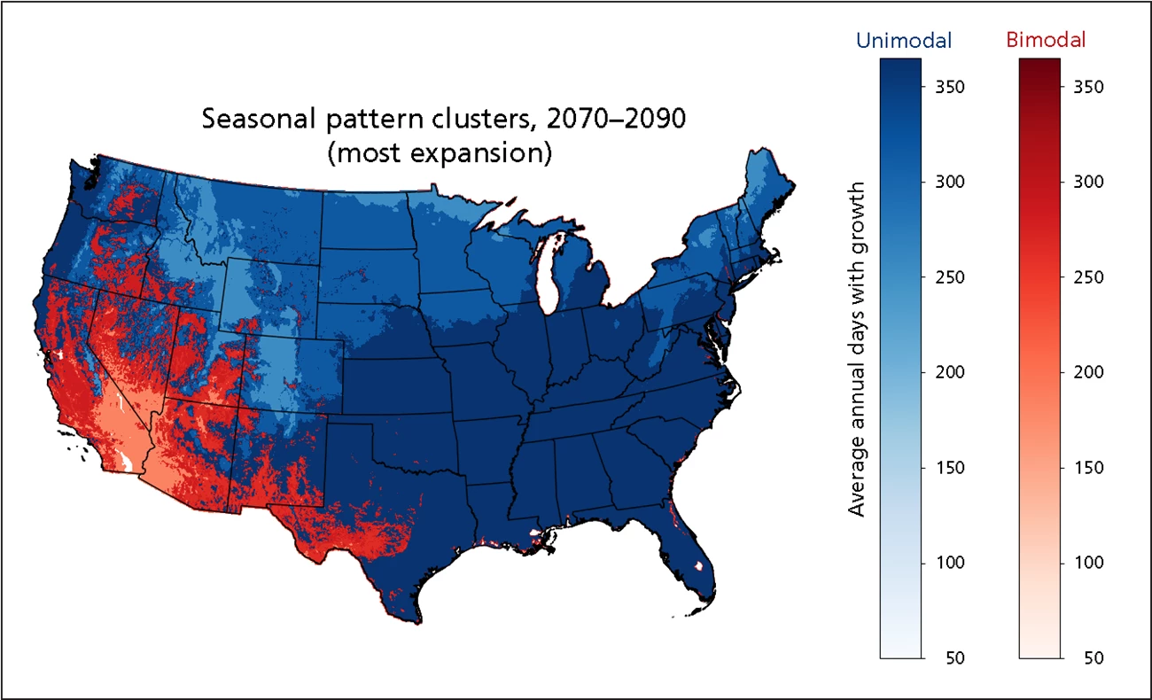 Map of US, mostly blue, with red area extending from the Southwest north to southern OR .
