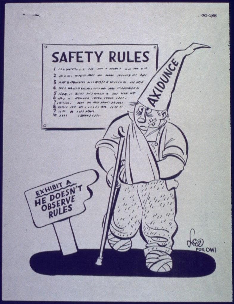 Three panel poster depicting Egghead pouring gasoline from a container. At top-left: “Gasoline explodes with the force of dynamite!” A brawny worker angrily yanks a cigarette from Egghead’s mouth.