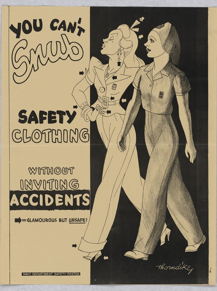Two women walk side by side. The woman at left has a hand on her hip & nose in the air. Arrows point at safety violations in her outfit e.g. a belted waist, high heels, jewelry, & loose hair. The woman at right wears an industrial jumpsuit & work shoes.