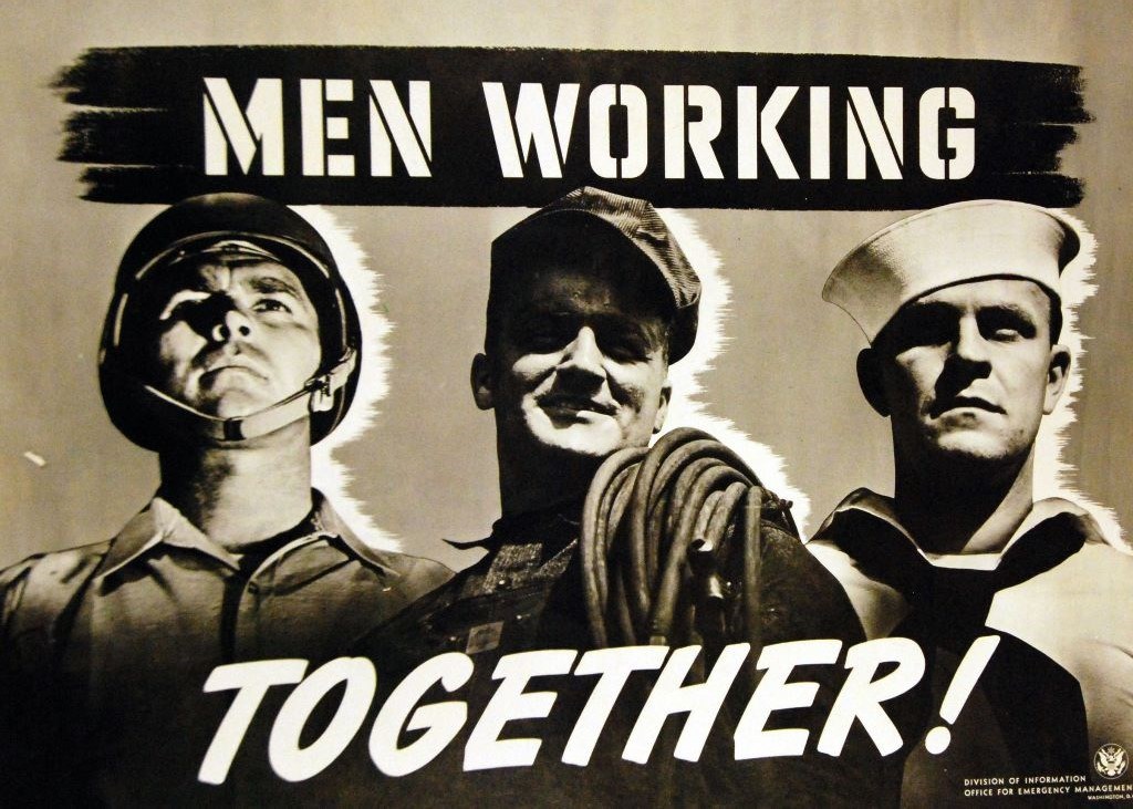 Sepia poster of three white men, left in army uniform, center in rail road cap with tube looped over his shoulder, right in navy uniform. Text: "Men working together!"