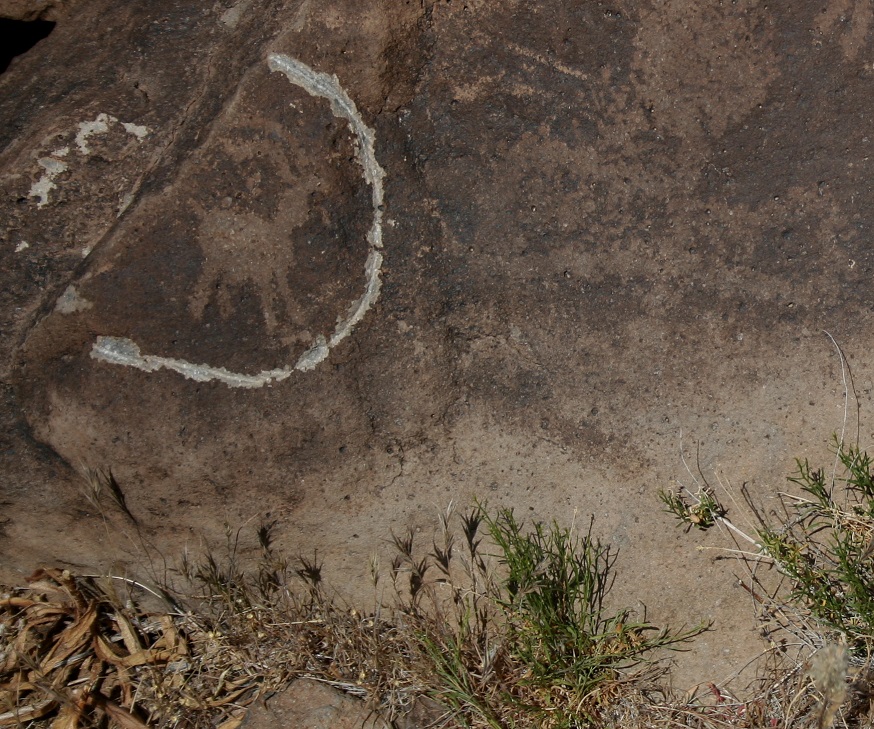 White line cut around bighorn sheep petroglyphs