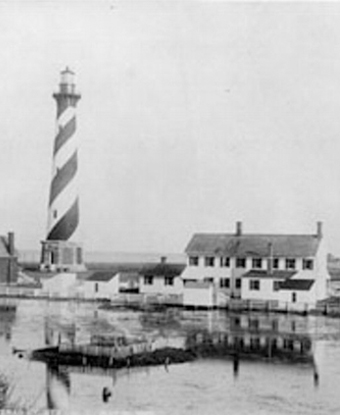 Cape Hatteras Light Station showing lighthouse and double keepers&#39; quarters, 1893