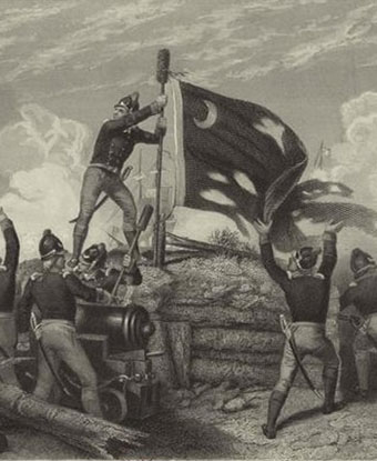 Portrait of Jasper fixing his regiment&#39;s flag to an artillery sponge atop the fort