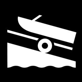 A black and white symbol of a boat on a ramp.