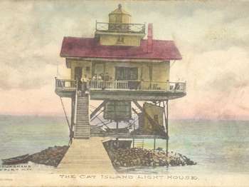 Drawn image of a white building with a red roof. The building is on a platform with stairs leading up to a porch with people from a wooden boardwalk. At the base are rocks and a small boat in the water. Blue sky in the background.