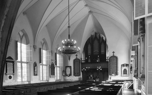 Black and white photo of inside of church, circa 1933. 