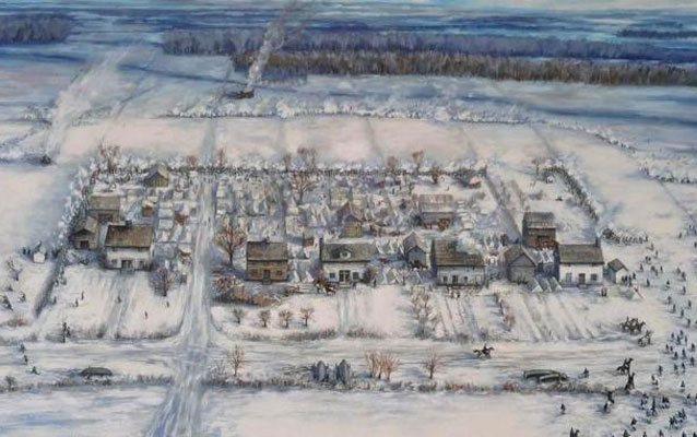 A painting depicts a snow-covered village of houses and tents.