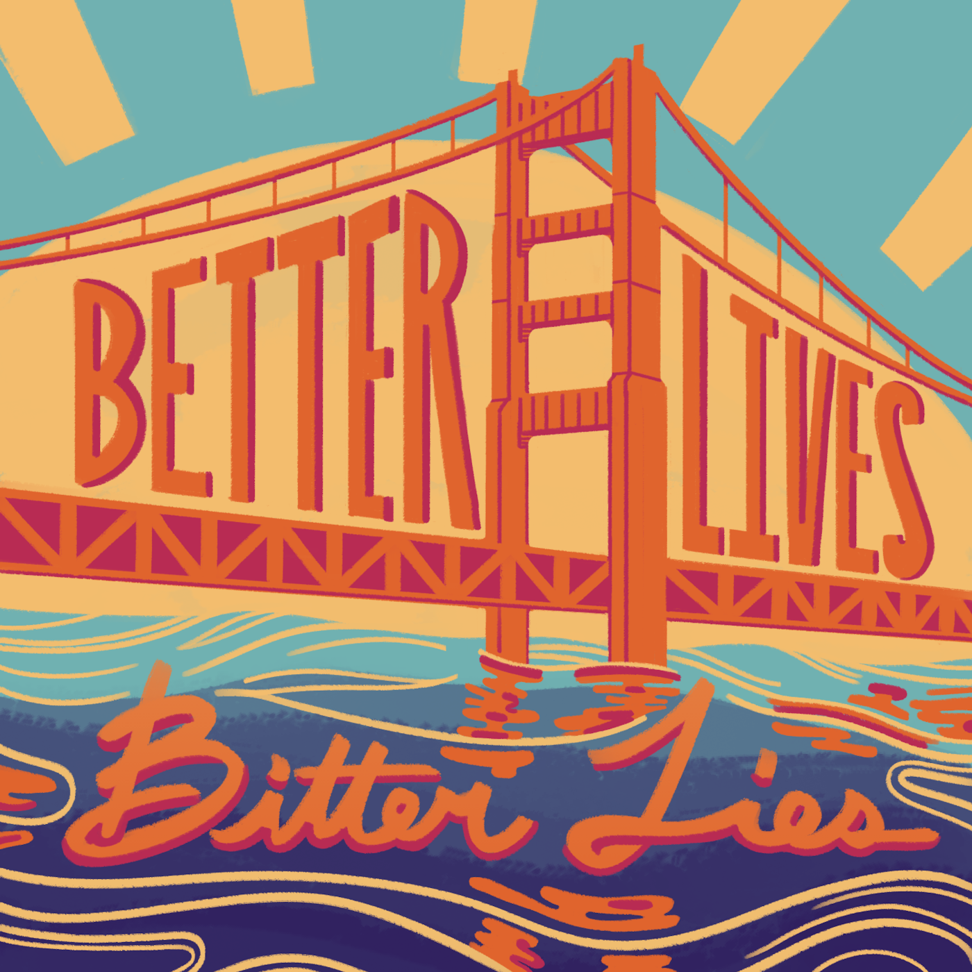 Colorful graphic of a gold bridge over blue water with lettering across the bridge, and under it
