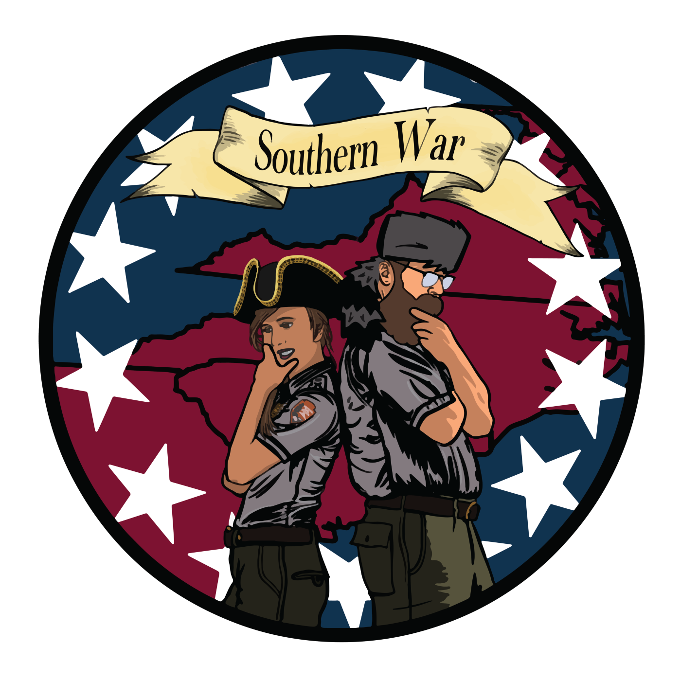 Two rangers in front of an outline of the Southern states and surrounded by stars.