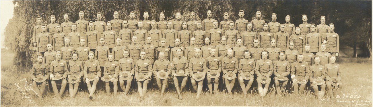 An ROTC regiment photo in the Presidio of San Francisco from 1918 with their hats on.