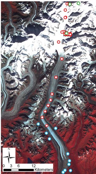 satellite image of mountains with dots indicating research sites on a glacier
