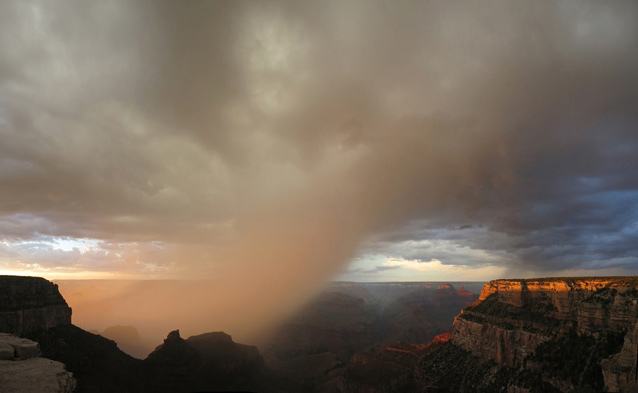 Critically important rain falling over the Grand Canyon.