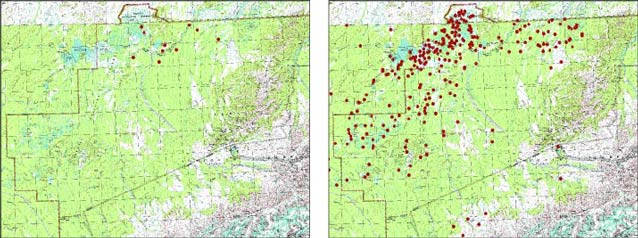 two maps, one with noticeably more data points marked on it