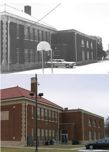Two images compare the brick school building during different times.