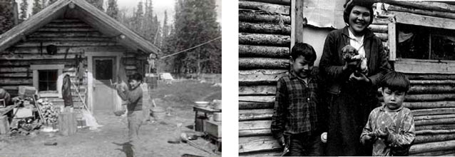 composite of two images; one of a log cabin, other of two kids and an adult